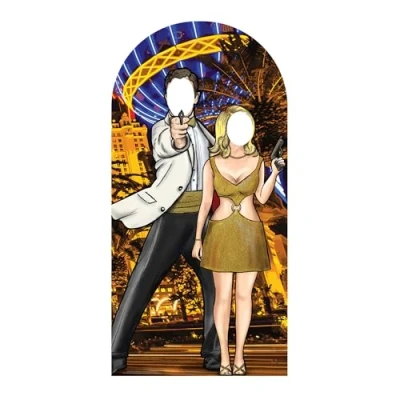 Image of Beautiful Black and Gold Secret Agent Skyline Stand In Adult Size 6ft /190cm Tall James Bond Party Style