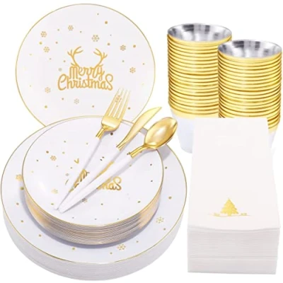 Image of KAHEIGN 175Pcs Resuable Christmas Dinnerware Set, Gold Rimmed White Plastic 25 Dinner Plates, Salad Knives, Forks, Spoons, Napkins for Guests Party