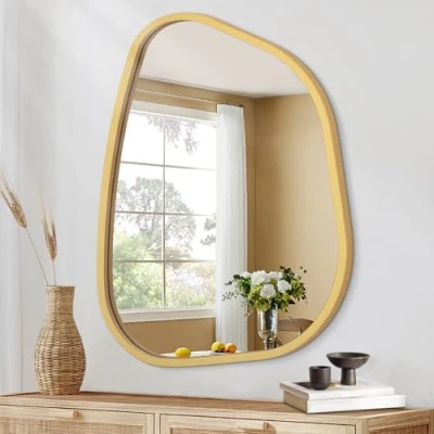 Image of HLFMVWE Large Asymmetrical Wall Mirror Irregular Wood Frame Modern Unique Mounted Artistic Wavy Decor Bathroom Vanity Bedroom Living Room Entryway Hallway 65 x 45 CM