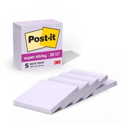 Image of Post it Super Sticky Notes, 3x3 in, 5 Pads, 90 Sheets/Pad, 450 Total Sheets, 2X The Sticking Power, Orchid Frost Lavender