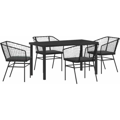 Image of vidaXL 5 Piece Garden Dining Set with Cushions Black Poly Rattan