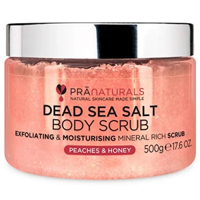 Image of PraNaturals Dead Sea Salt Body Scrub 500G Hydrating &amp; Moisturising, Natural Oils Minerals, Exfoliating, Softening Nourishing, All Skin Types, No Parabens, Vegan Cruelty Free (Peaches Honey)