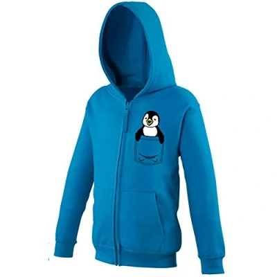 Image of Youth Kids Childrens Zip Up Hoodie Penguin Cute Animal Pocket Print Sapphire Blue 7 8 Years (M)