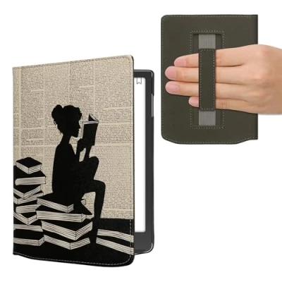 Image of kwmobile Case Compatible with Pocketbook InkPad 4 / Color 3 2 Vivlio PU Cover w/Strap Girl and Books Black/Beige