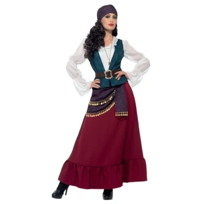 Image of Smiffys Deluxe Pirate Buccaneer Beauty Costume, Purple with Dress, Sash, Bandana &amp; Necklace, Fancy Dress Up Costumes