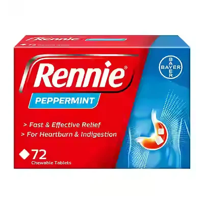 Image of Rennie Antacids, Peppermint Flavour, 72 Count (Pack of 1)
