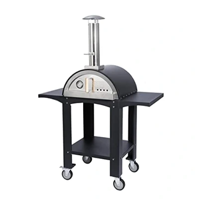 Image of Freestanding Pizza Oven Black Steel Portable Wheels Built in Thermometer Stone 2 Prep Stations Wood Burning Authentic baked Pizzas BBQ Barbecue Outdoor Cooking FREE Peel &amp; Rain Cover
