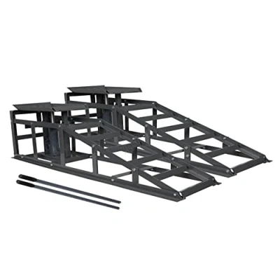 Image of SwitZer Metal Vehicle Car Ramp Lift With 2 Ton Hydraulic Jack 1 Pair Height Adjustable Garage Heavy Duty Grey New