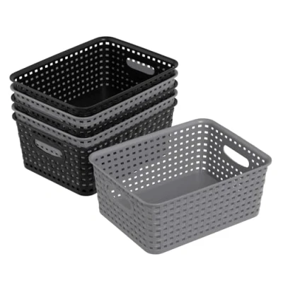 Image of Qqbine Woven Plastic Storage Baskets Office Organizer, Black and Grey, 6 Packs