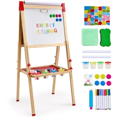 Image of VEVOR Art Easel for Kids, 3 in 1 Wooden Double Sided Kid&#039;s with Magnetic Whiteboard, Chalkboard &amp; Paper Roll, Adjustable Standing Drawing Board Painting Accessories Boys and Girls