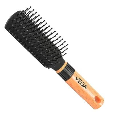 Image of Vega Mini Flat Brush with Wooden Colored Handle and Black Head