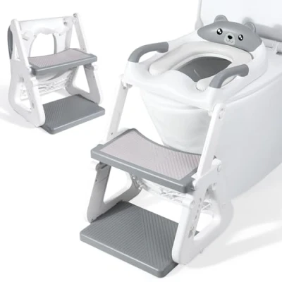 Image of Orzbow Adjustable Potty Training Toilet Seat with Steps,Stable Toddler and Step w/Triangle Structure,Extended Pedal &amp; Splash Guard Waterproof PVC Cushion,Anti Slip Lightweight,Grey