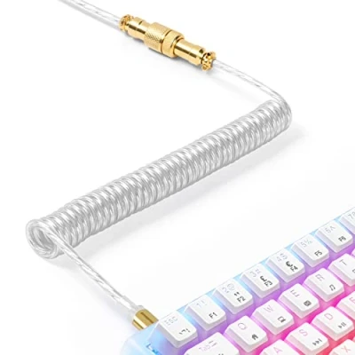 Image of XINMENG C02 Coiled Keyboard Cable, TPU Extendable Custom USB C Aviator Type to A, with Detachable Gold Metal Aviation Connector, for Mechanical Gaming Phone Laptop Clear