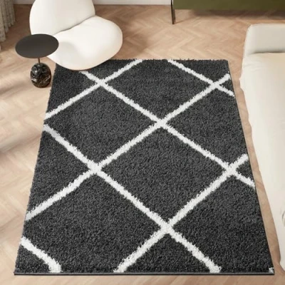Image of homeart Area Rug Super Soft Geometric Shaggy Rugs For The Living Rooms, Bedrooms And Kitchen Modern, Easy To Clean Carpet(Diamond Smoky Grey 80x150 cm)