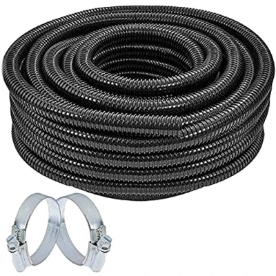 Image of SPARES2GO 25mm Flexible Corrugated Water Butt Extension Overflow Connector Hose Pipe + 2 Clamp Clips (25mm, 10M)