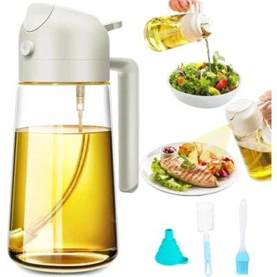 Image of Oil Spray Bottle, 2 in 1 Sprayer for Cooking, 16oz/470ml BBQ Brush Funnel with Cleaning Brush, Thick Glass, Strong Spraying Power, Commonly Used Air Fryer, Baking, BBQ, Salad, Kitchen Baking