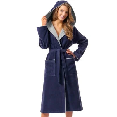 Image of Morgenstern Women&#039;s Bathrobe with Hood Cotton Terry Towelling Velour Long, blue, M