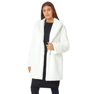Image of Roman Originals Women Faux Fur Coat Ladies Jackets Teddy Bear Plush Casual Soft Fluffy Textured Oversized Warm Cosy Autumn Winter Flattering Ivory Size 10