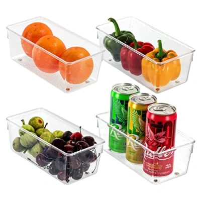 Image of Kurtzy 4 Pack Kitchen Fridge &amp; Cupboard Storage Trays 20cm/7.87 Inches Overall Length Clear Plastic Refrigerator Bins Bathroom, Pantry, Drawer, Freezer and Home Organiser Containers