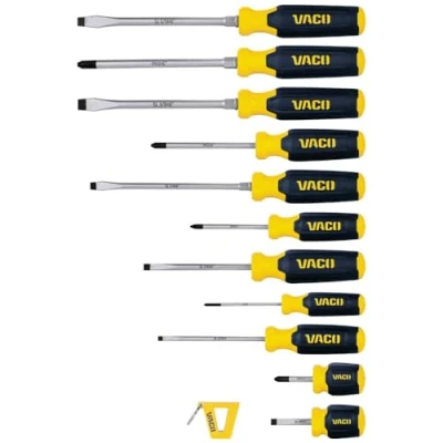 Image of VACO VAC7122 12 Piece Screwdriver Set with Magnetizer, Phillips and Slotted Drivers, Laser Etched Precision Blades Comfort Handles