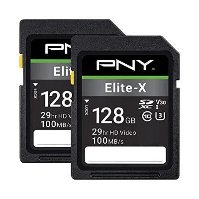 Image of PNY 128GB Elite X Class 10 U3 V30 SDXC Flash Memory Card 2 Pack 100MB/s, 10, U3, V30, 4K UHD, Full HD, UHS I, Size SD