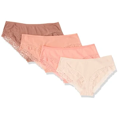 Image of Amazon Essentials Women&#039;s Cotton and Lace Hipster Knickers, Pack of 4, Brown/Light Rose/Salmon Pink, 12