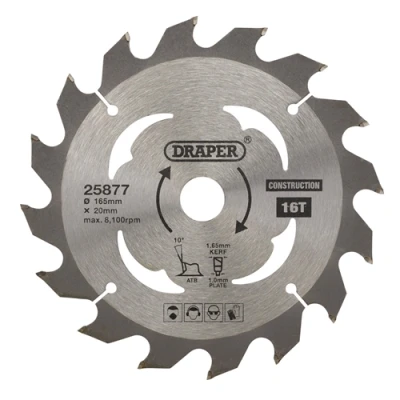 Image of Draper TCT Cordless Construction Circular Saw Blade for Wood &amp; Composites, 165 x 20mm, 16T