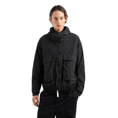 Image of Armani Exchange Men&#039;s Letterman Badging Hooded Zip Up Windbreaker Jacket Blouson, Black, L