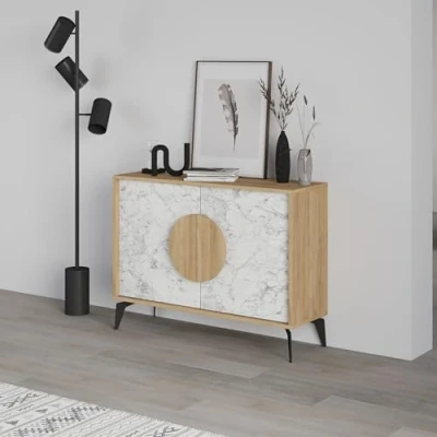 Image of HOCUS PICUS Modern Console Sideboard 2 Door Cupboard Unit, 110(W) cm Buffet Storage Cabinet Furniture with Metal Legs for Living Room, Dining Room (Oak, White Marble Effect)