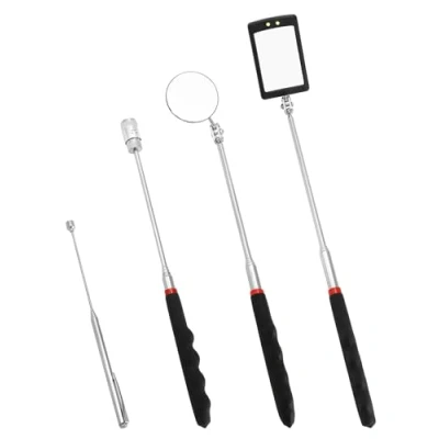 Image of QWORK® Inspection Mirror Set, 4 Pieces, Square/Round Mirror, 8 lb Magnetic Pick Up Tool with LED Light, 1.5 Rod