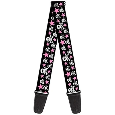 Image of Buckle Down Guitar Strap Skulls Stars Black White Pink 2 Inches Wide