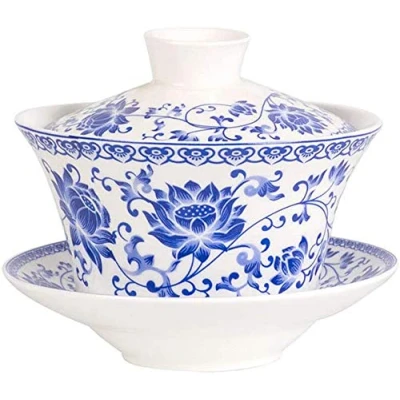 Image of Eplze YBK Tech 10oz Large Gaiwan, Porcelain Kung Fu Tea Cup and Saucer with Lid, Chinese Traditional Sancai Bowl (2#)