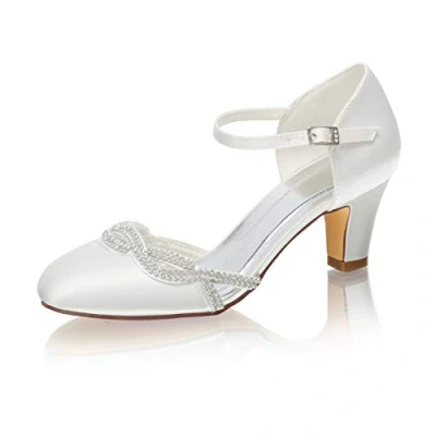 Image of Emily Bridal Wedding Shoes Women Silk Like Satin Stiletto Heel Closed Toe Pumps Rhinestones (Ivory, Numeric_4)