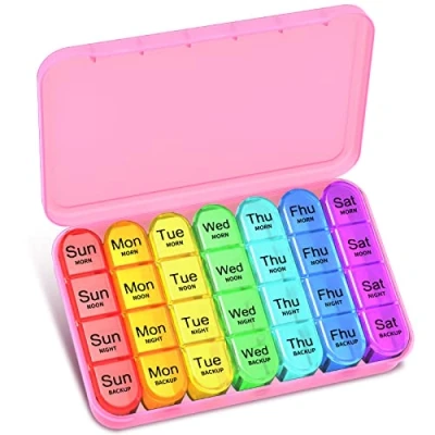 Image of Pill Box 4 Times a Day, Betife Weekly Organisers, 7 Day Tablet Organiser, Daily Dispenser Compartments, for Medication, Vitamins and Supplements (Pink)