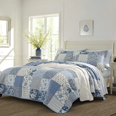 Image of Laura Ashley Quilt Set 100, Reversible, Lightweight &amp; Breathable Bedding, Pre Washed for Added Softness, Cotton, Blue, Queen