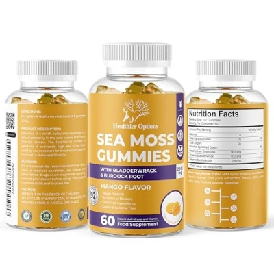 Image of Healthier Options Irish Sea Moss Gummies with Bladderwrack &amp; Burdock Root 5680 Mg 60 Mango Flavour Vitamins Minerals Organic, Natural, Vegan, Gluten Free, Non GMO, High Strength