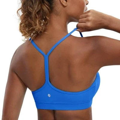 Image of CRZ Yoga Women&#039;s Butterluxe Padded Sports Bra Low Impact Y Back Strappy Racerback Spaghetti Straps Gym Bras Sparkle Blue XS