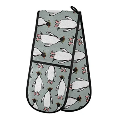 Image of TropicalLife Double Oven Glove Mitts Penguin Bird Animal Pattern Print Heat Resistant Pot Holders for Home Kitchen Cooking Baking Outdoor BBQ