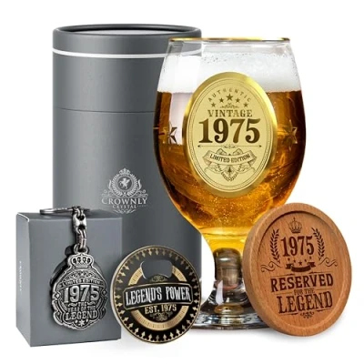 Image of CROWNLY CRYSTAL® 1975 50th Birthday Gifts Men Personalised Beer Glasses Decorations Dad Grandad Uncle for Gift Ideas Brother