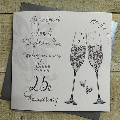 Image of WHITE COTTON CARDS Son &amp; Daughter in Law 25th Anniversary Card, Silver, Bubbles Flutes Handmade DT125 SD