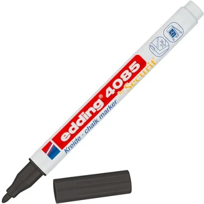 Image of edding 4085 chalk marker black 1 pen round nib 2 mm fine wet wipe for chalkboards, windows, glass, mirrors liquid pens opaque coverage