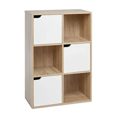 Image of Mondeer 6 Cube Storage Unit, 3 Tier Bookcase with Doors, Wooden Bookshelf Display Organiser Cabinet for Living Room, Bedroom, Home Office, 60 x 30 90 cm, Oak and White