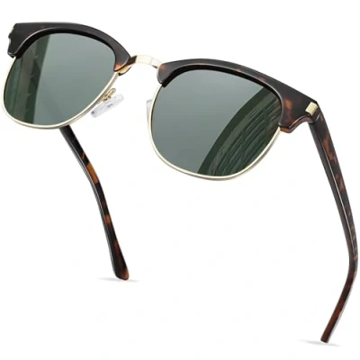 Image of KANASTAL Tortoise Green Sunglasses Womens Dark Polarised Half Frame for Men Vintage Retro Ladies Tortoiseshell Lens