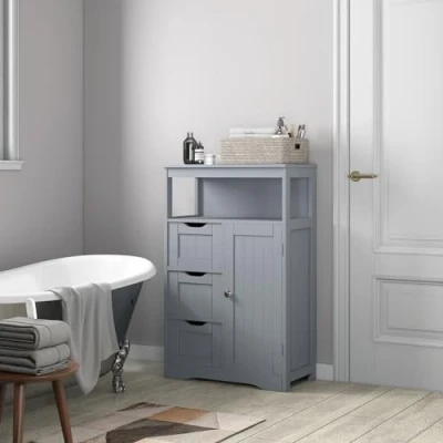 Image of mcc direct Bathroom Floor Storage Cabinet with Open Shelf, Wooden Unit 3 Drawers, Single Door, Adjustable for Living Room, Kitchen, Entryway Dakota (Grey)