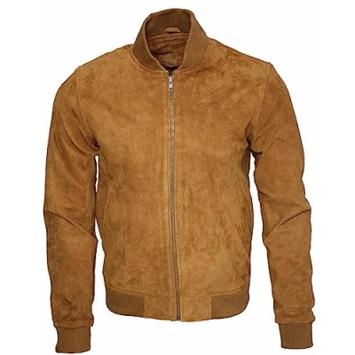 Image of Men&#039;s Varsity Suede Tan Leather Bomber Jacket S