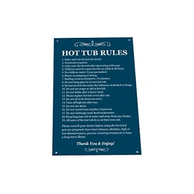 Image of hot Tub Rules Black &amp; White/Blue White Sign for outdoor use with a list of health and safety points about using tub. ideal in holiday accommodation (Blue White)