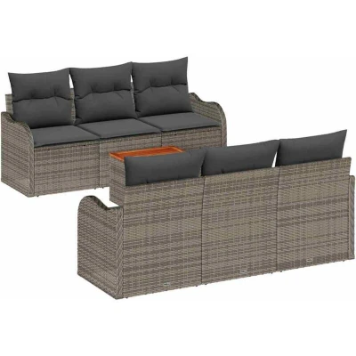 Image of vidaXL 7 Piece Garden Sofa Set with Cushions Grey Poly Rattan Acacia