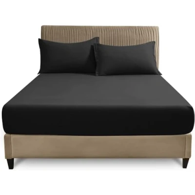 Image of Super Soft Polycotton Percale Sheets, Plain Dyed Bedding Bedsheets, Non Iron Superking Fitted Sheet, Black