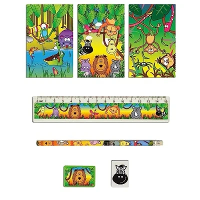 Image of 5 Piece Stationery Set Pencil, Sharpener, Rubber, Ruler, Notepad (Jungle)