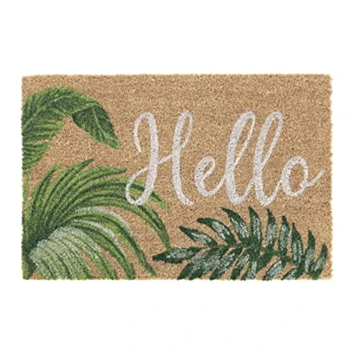 Image of Relaxdays Hello Leaves Doormat Coir Rubber, 40 x 60 cm, Welcome Door Mat Inside &amp; Outside, Non Slip, Natural Coir/Green